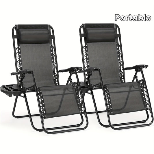 JHK Zero Gravity Set of 2 Portable Recliner Camping Patio Outdoor Folding Lounge Chair with Cup Holder Trays Adjustable Pillow