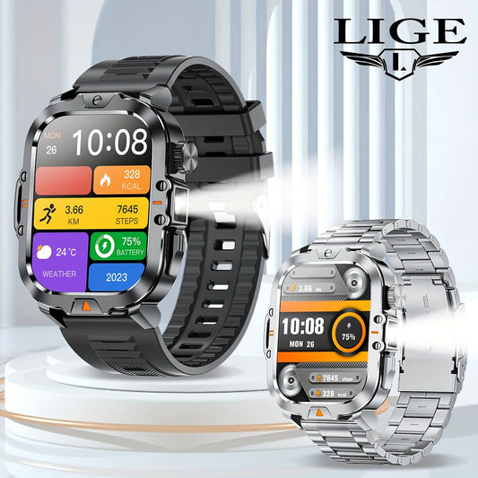 LIGE smart watch 2.01"/IP67 waterproof/100+multi-sport modes/LED lighting/message push/reminder function/weathe/find phone for Android&IPhone. Suitable for both men and women.