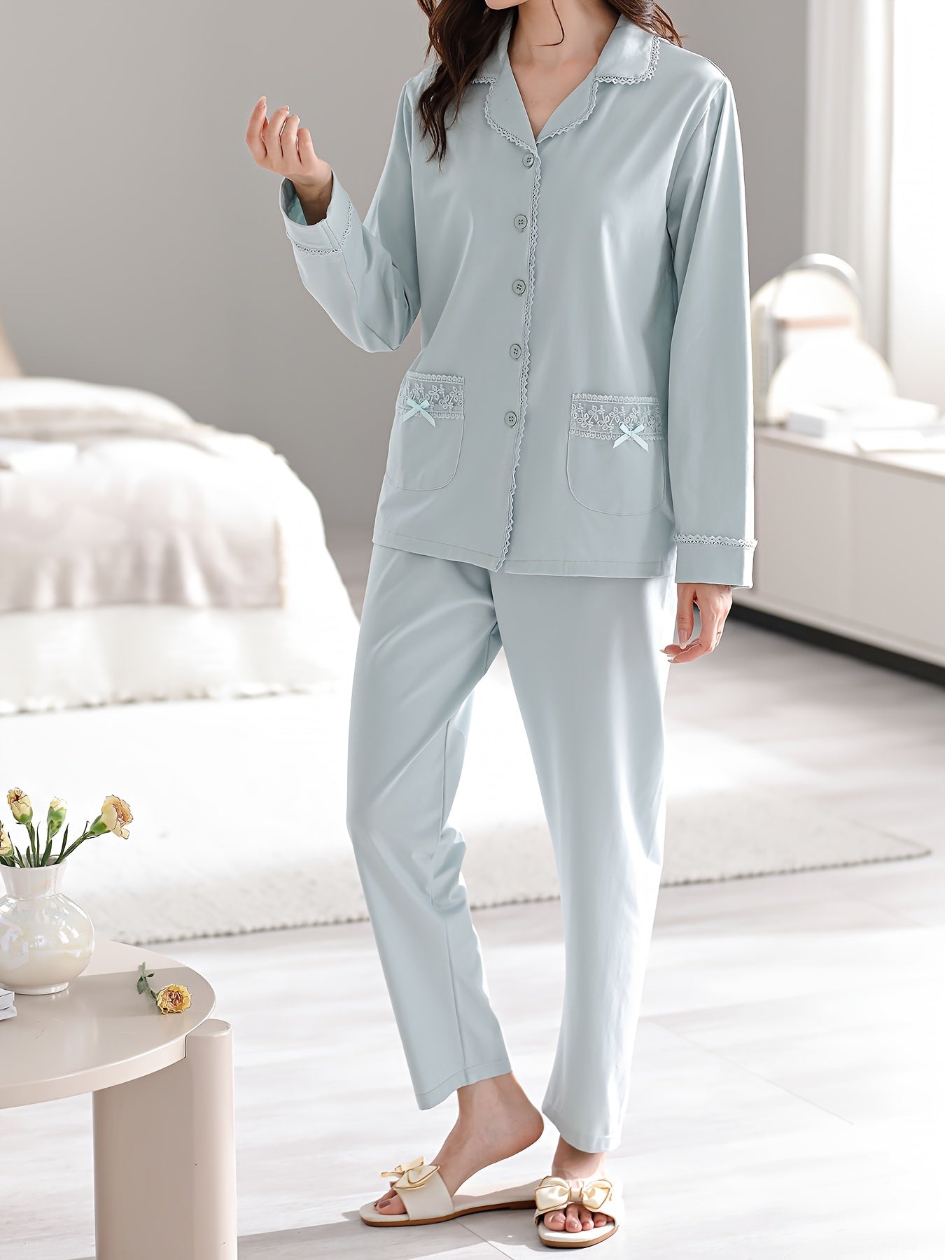 Women's Sweet Solid Lace Trim Pajama Set, Long Sleeve Buttons Lapel Pocketed Top & Pants, Comfortable Relaxed Fit