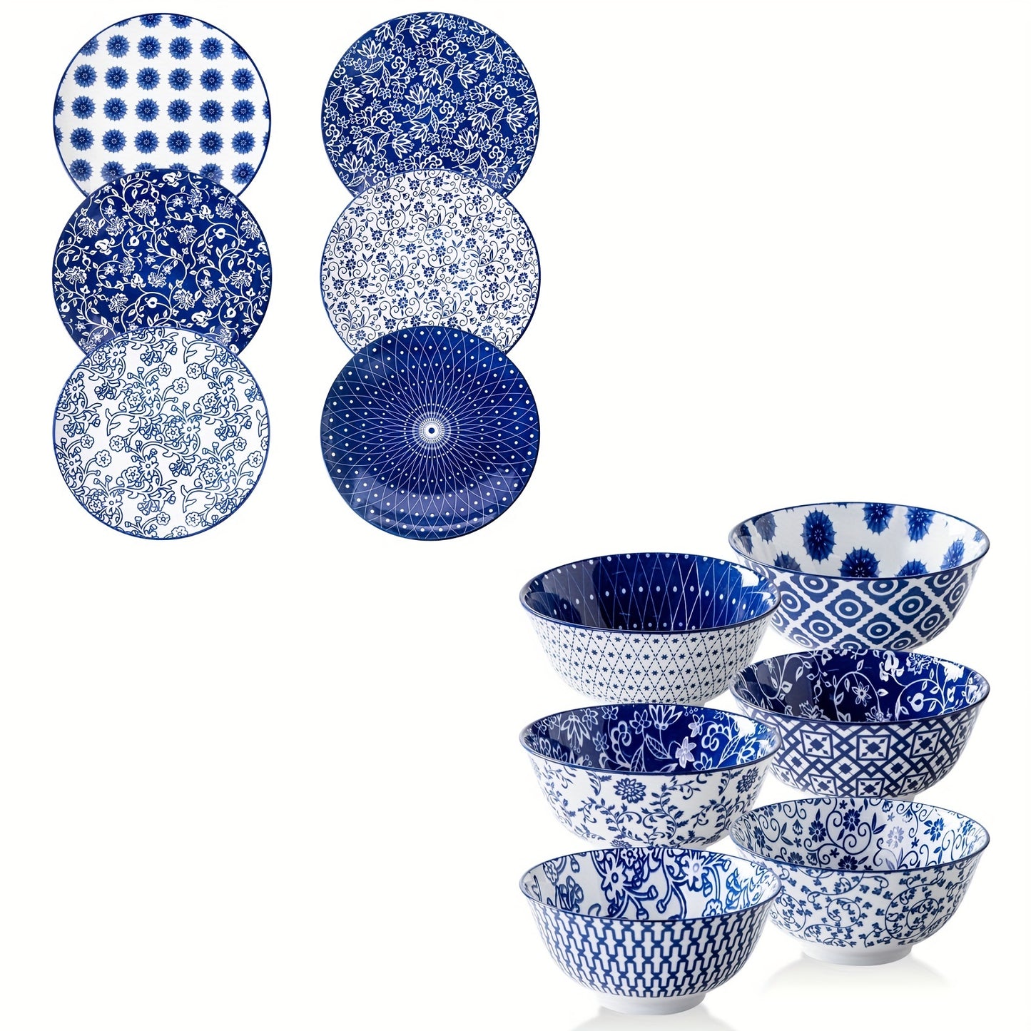 12 Pieces, Cerkik Ceramic Dinnerware Set, Includes 6 Each of 10.5 Inch Dinner Plates, 24 Ounce Cereal Bowls, Scratch Resistant, Microwave Oven Dishwasher Safe, Vintage Blue