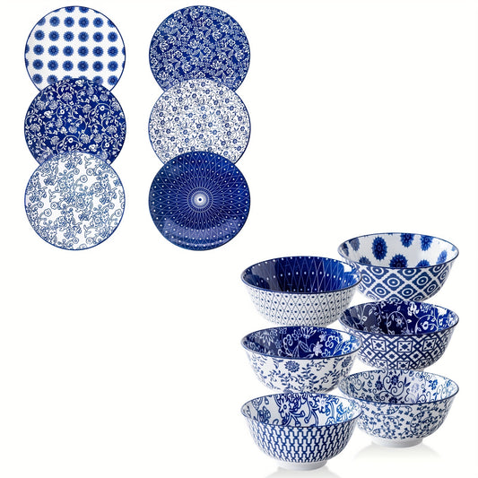 12 Pieces, Cerkik Ceramic Dinnerware Set, Includes 6 Each of 10.5 Inch Dinner Plates, 24 Ounce Cereal Bowls, Scratch Resistant, Microwave Oven Dishwasher Safe, Vintage Blue