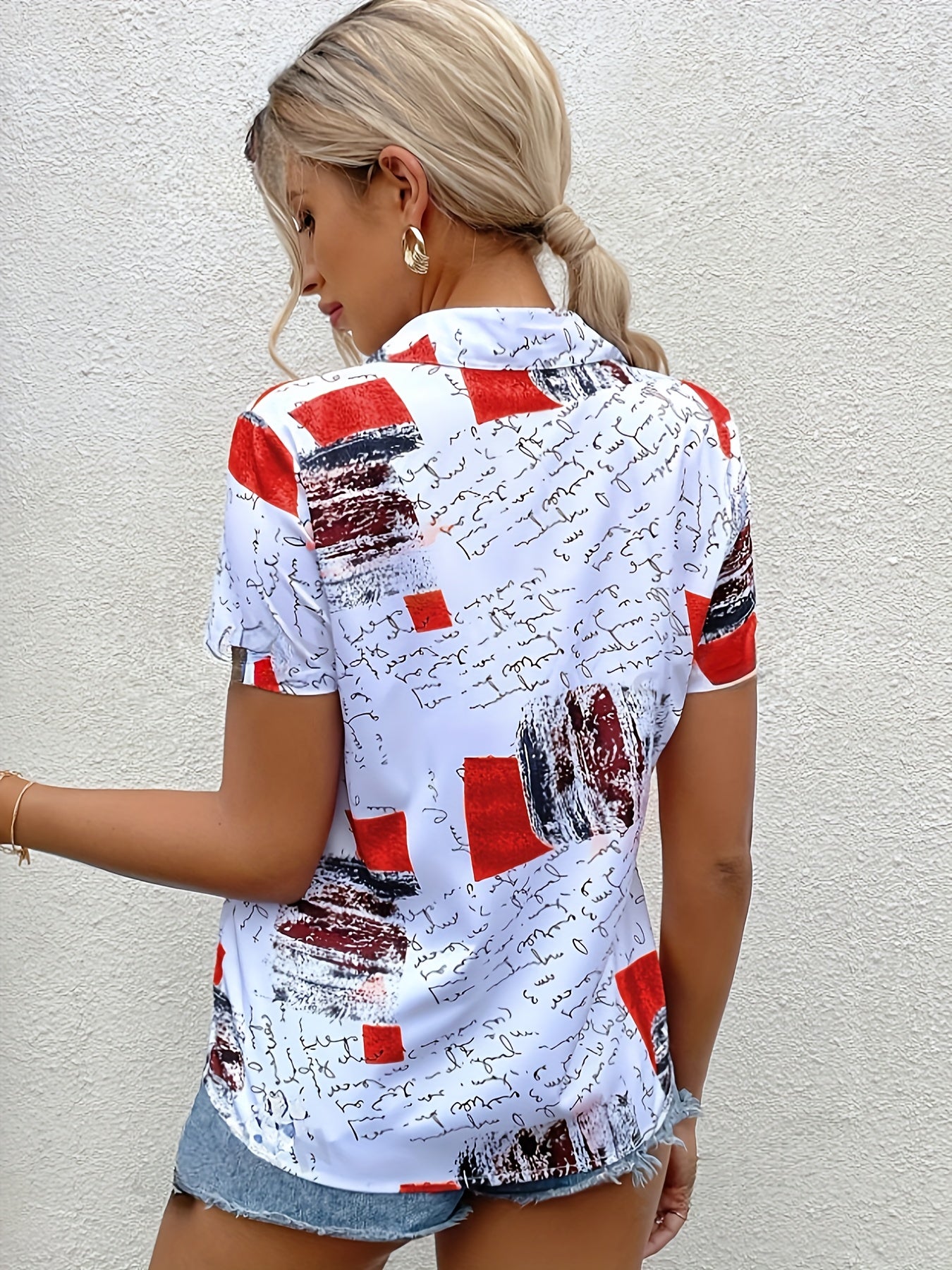 Fashion Graphics Print Single-breasted Cardigan Shirt Female Casual Streetwear Summer New Lapel Short Sleeve Blouse Women's Tops