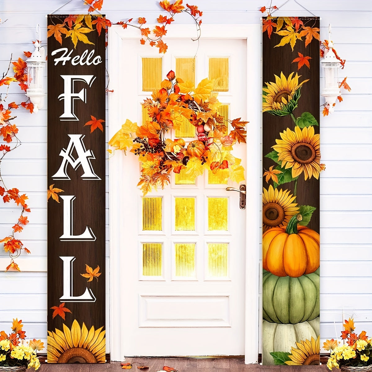 Hello Autumn" 2pcs Porch Banner Set - Maple Leaf & Sunflower Design, Welcome Front Door Decor, Seasonal Farmhouse Thanksgiving Outdoor Decoration, Durable Polyester