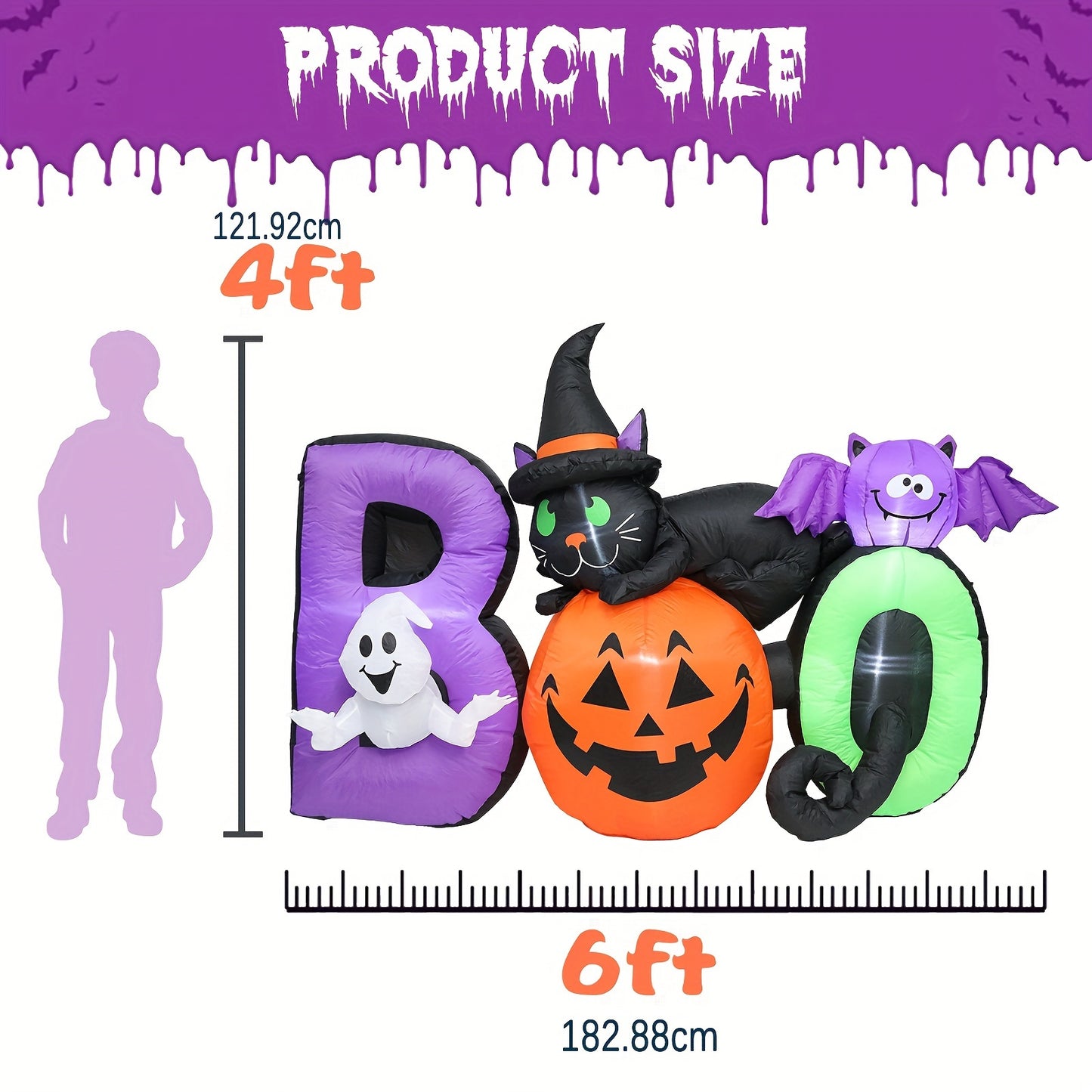 Halloween Inflatable, 6FT Lighted Halloween Inflatable Black Cat Ghost Pumpkin Boo LED Lights Decor Outdoor Indoor Holiday Decorations, Blow Up Lighted Yard Decor Lawn Inflatables Home Family Outside