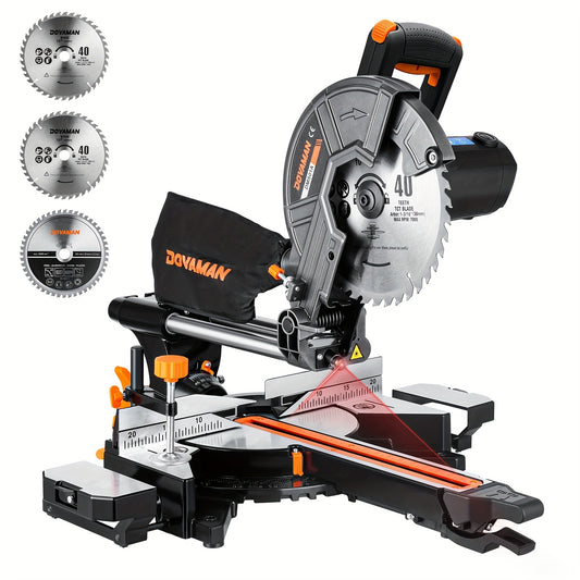 DOVAMAN Updated 10-Inch Sliding Miter Saw, Multi-Material Cutting w/ 3 x TCT Blades, Ambidextrous Operation, 5000/3200RPM Speed, Laser Guide, 0-45° Bevel Cut, Max Cut 3.5x13.4in, 9 Positive Stops