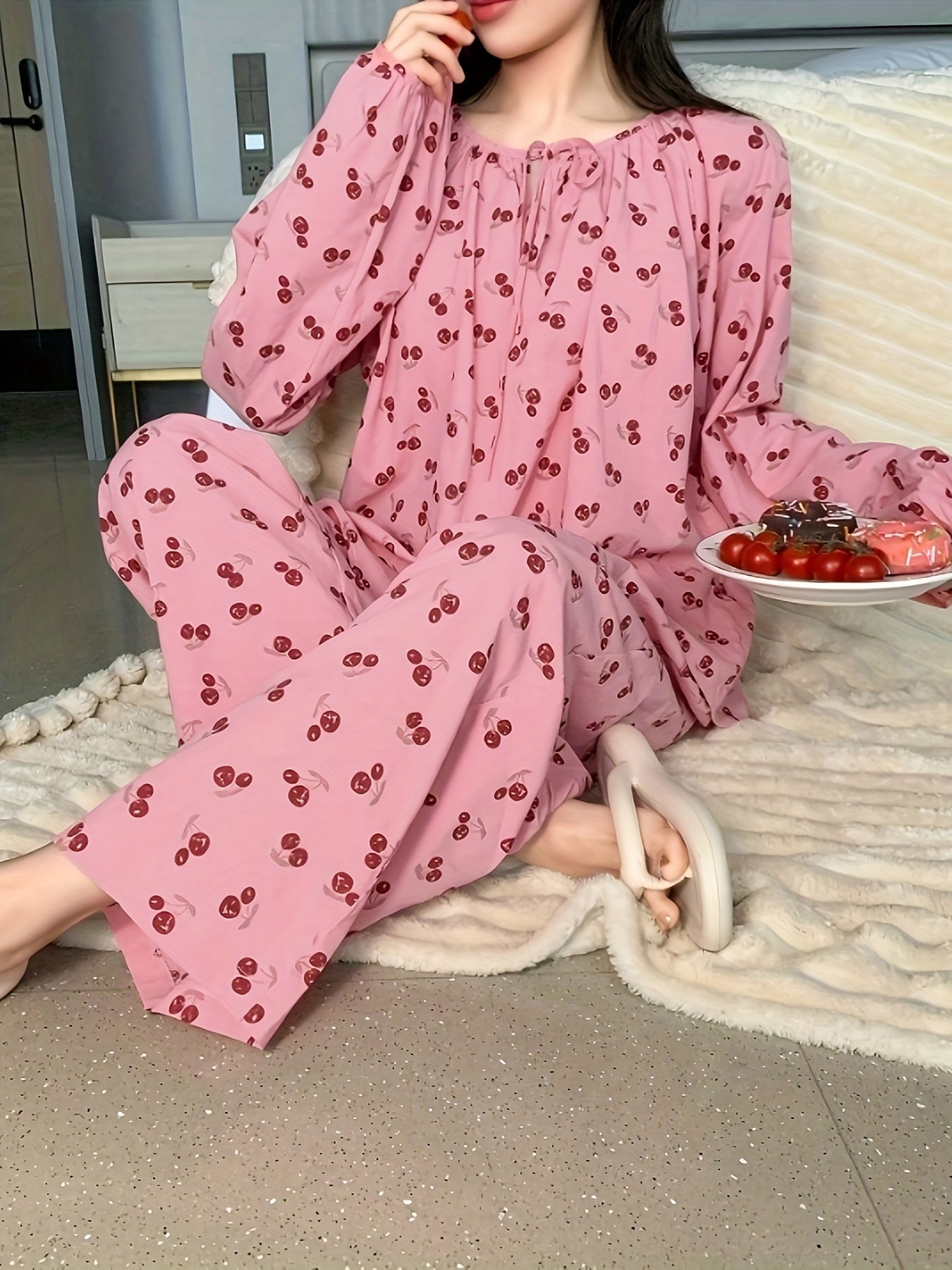 Charming Cotton Cherry Print Pajama Set with Ruffle Neckline and Long Sleeves