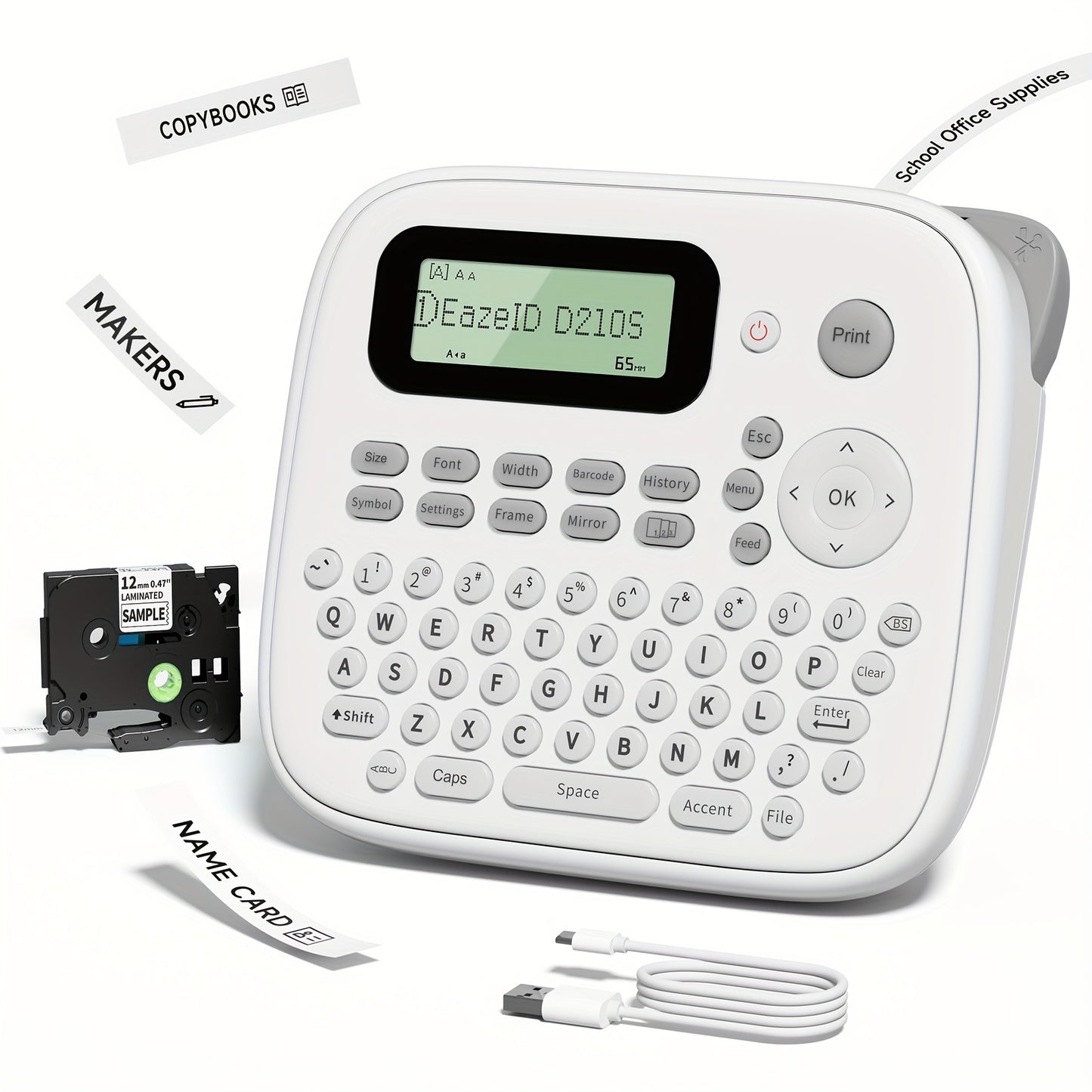 EazeID D210S Portable Label Maker: QWERTY Keyboard, Free Print Different Fonts & Barcodes, Suitable for Home Office & School - Battery/USB Power