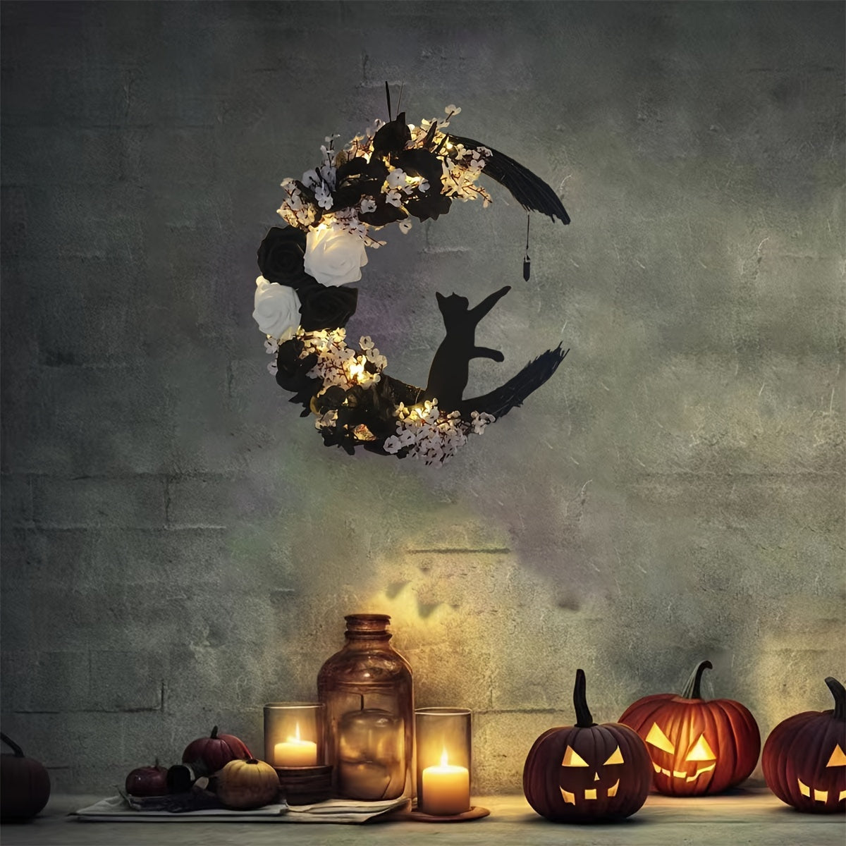 Halloween Moon Wreath with Artificial Roses and Black Cat - Seasonal Plastic Door Garland for Halloween Home Party Indoor Outdoor Decoration without Power Supply