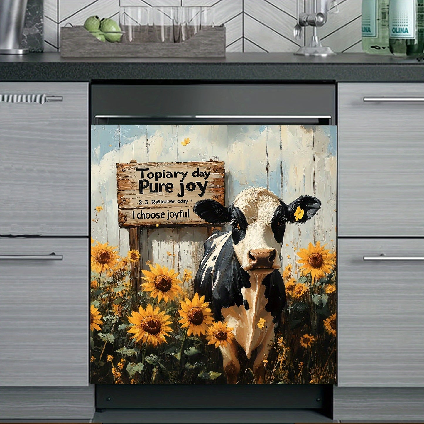 Charming Cow & Sunflower Magnetic Cover for Dishwasher and Refrigerator - Easy Clean, No Glue Needed - Perfect Kitchen Decor, 23x26 Inches