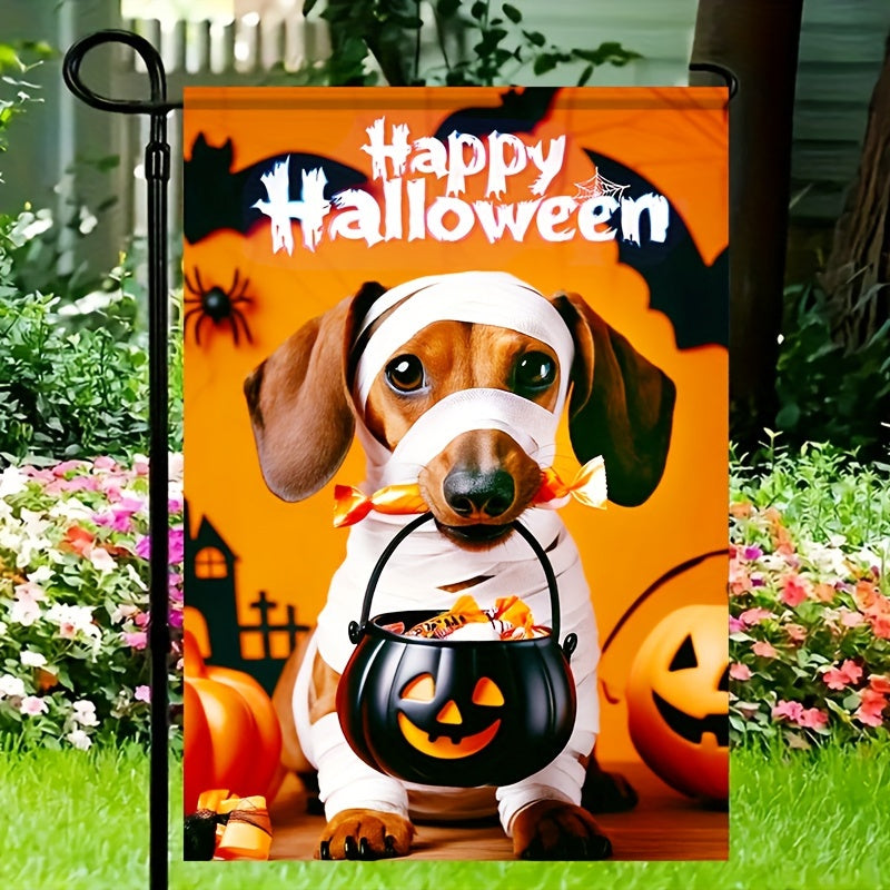 1pc Polyester Double-Sided Garden Flag, Halloween Mummy Dachshund Design, Outdoor Welcome Sign - Durable, Weather-Resistant Fabric, Ideal for Patio, Yard, Seasonal Decor, Pet Enthusiasts - 12x18 Inches (Pole Not Included)