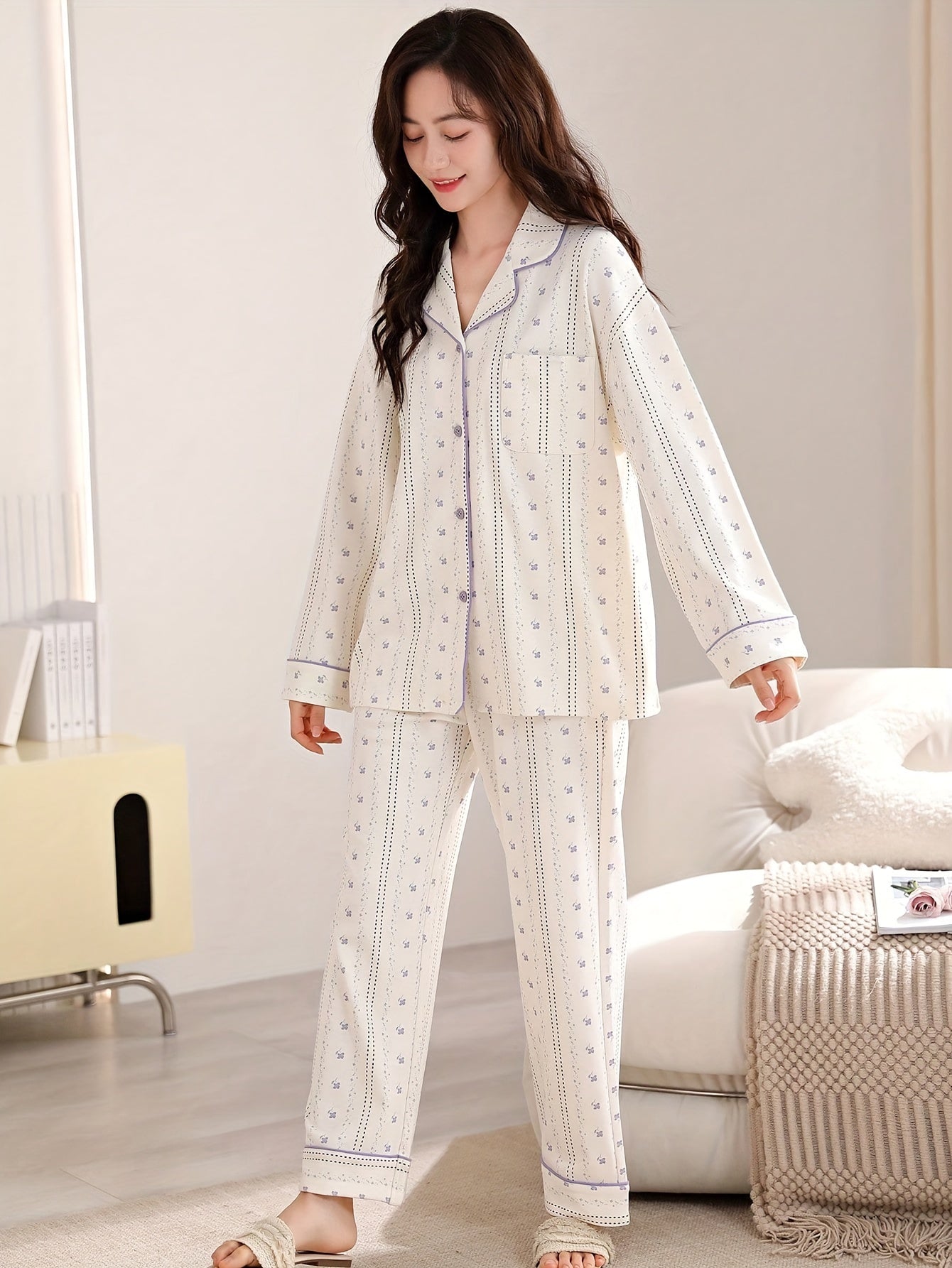 Women's Floral & Stripe Print Elegant Pajama Set, Long Sleeve Buttons Lapel Top & Pants, Comfortable Relaxed Fit For Fall