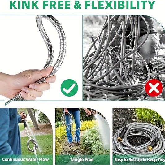 100 Feet Garden Hose Metal, Stainless Steel Hose Without Twists Or Tangles, 10 Function Wear-Resistant And Leak Free, Courtyard Water Pipe