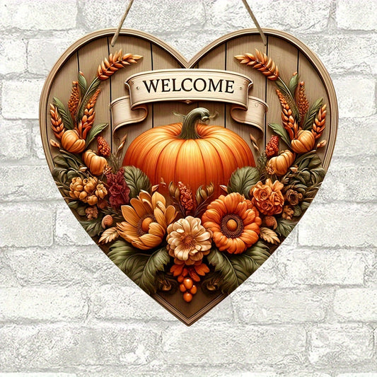 Charming Pumpkin Welcome Sign - 7.9"x7.9" Heart-Shaped Wooden Autumn Harvest Decor for Home, Cafe, Bar, Porch & Farm - Perfect for Fall & Holiday Wall Art