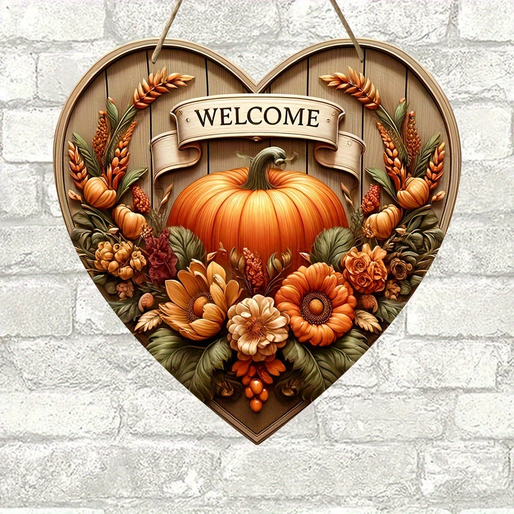 Charming Pumpkin Welcome Sign - 7.9"x7.9" Heart-Shaped Wooden Autumn Harvest Decor for Home, Cafe, Bar, Porch & Farm - Perfect for Fall & Holiday Wall Art