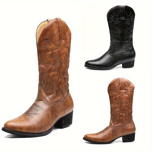 Men's Cowboy Boots, Western Cowboy Boots Embroidered Mid-Calf Work Boots