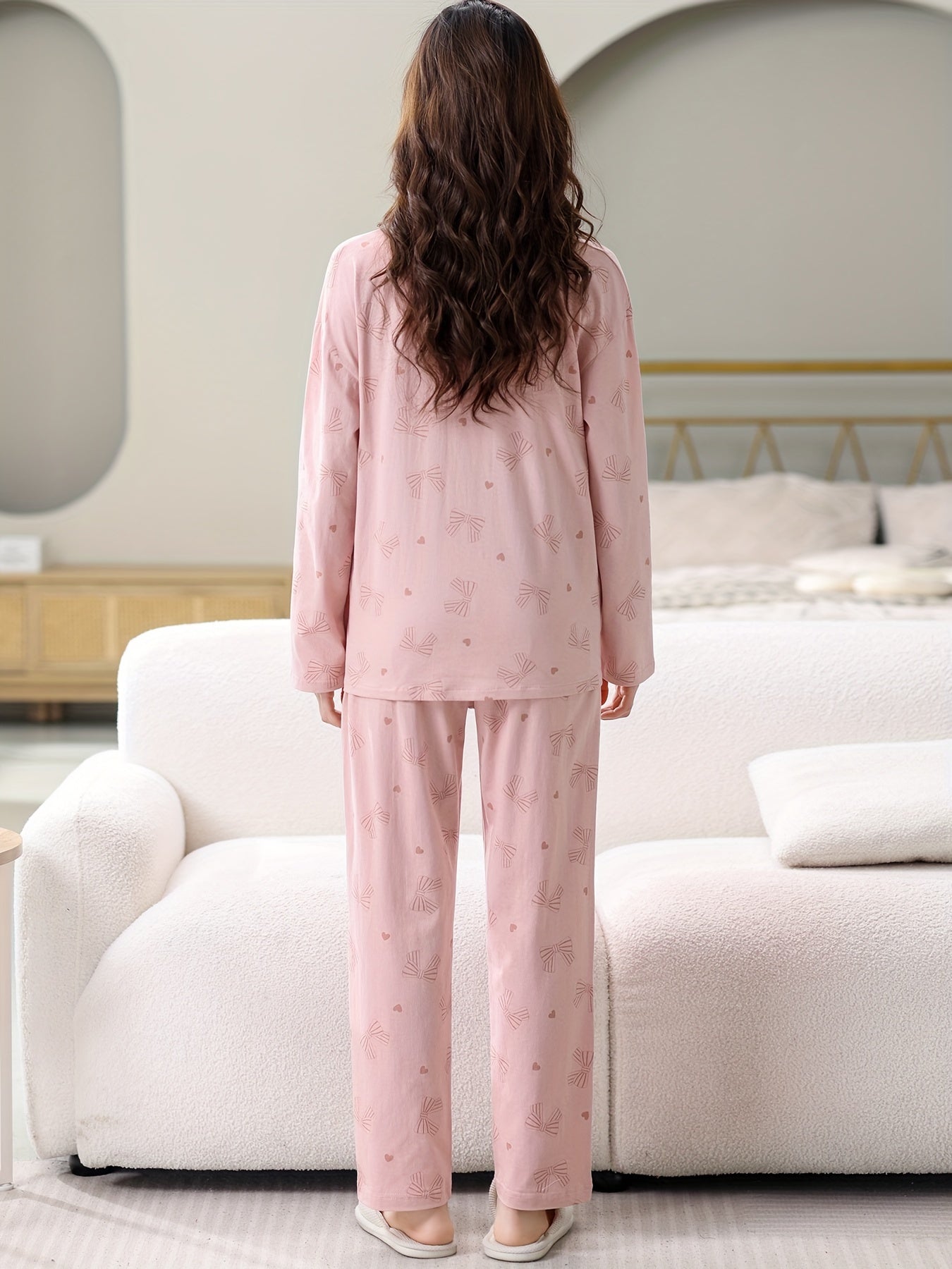 Cute Bow Knot Print Pajama Set, Long Sleeve Button Up Lapel Collar Top & Elastic Pants, Women's Sleepwear & Loungewear