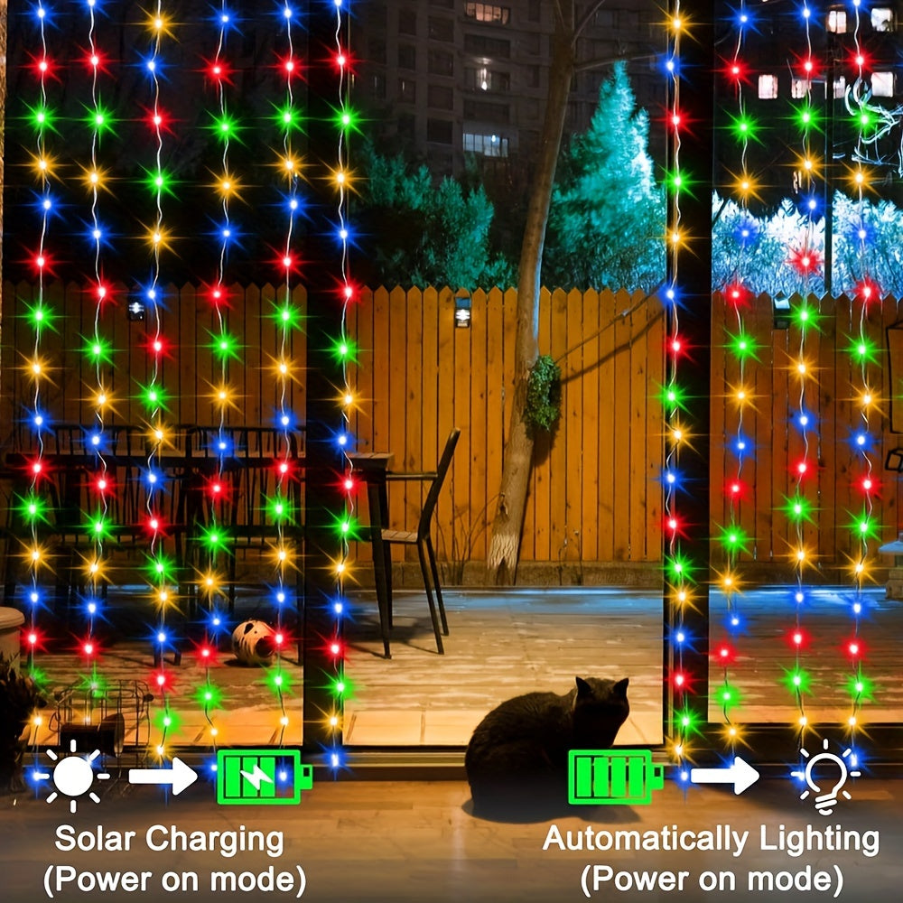 1 Pack 100/200/300 LED Solar Curtain String Lights, Outdoor decoration, 8 Lighting Modes Curtain Fairy Lights, Christmas Decorative Lights, Great For Wedding Party, Balcony, Patio, Garden Decoration (Colorful/Warm White/White)