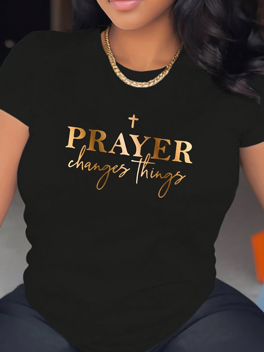 Prayer Print Crew Neck T-Shirt, Casual Short Sleeve Top For Spring & Summer, Women's Clothing