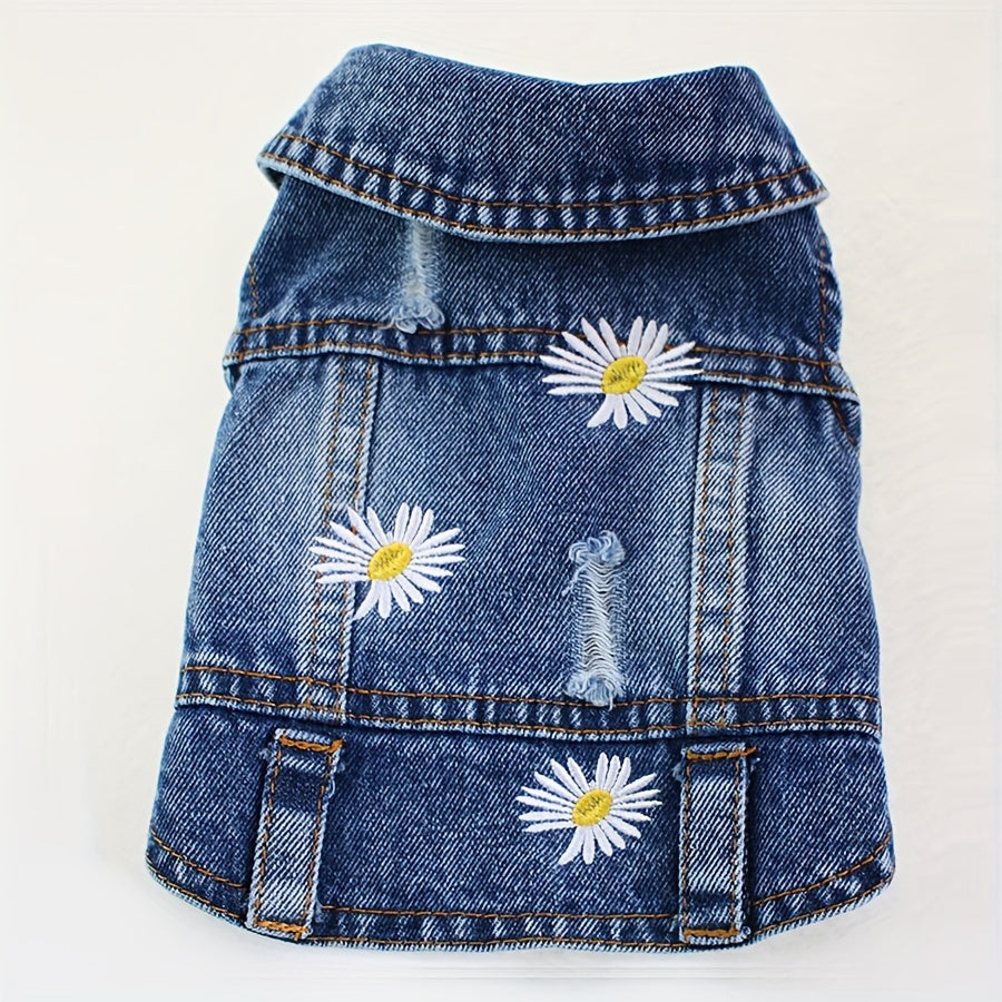 1pc Trendy Daisy Dog Denim Jacket - Breathable, Durable Pet Apparel for Spring, Summer, and Fall