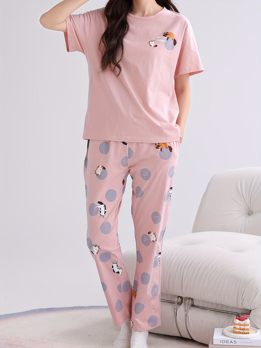 Cute Cat & Dot & Letter Print Lounge Set, Short Sleeve Round Neck Top & Elastic Pants, Women's Loungewear