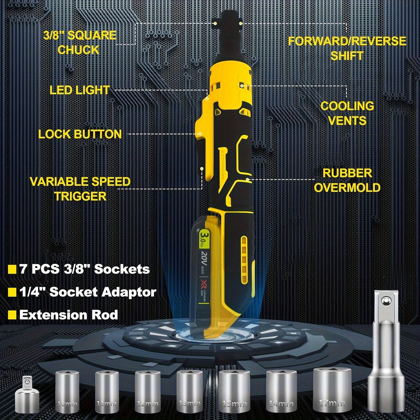 Electric Ratchet Wrench 220N.M Cordless Driver 3/8'' Impact Removal Screw Nut Repair Power Tools for Dewalt 18V 20V Battery