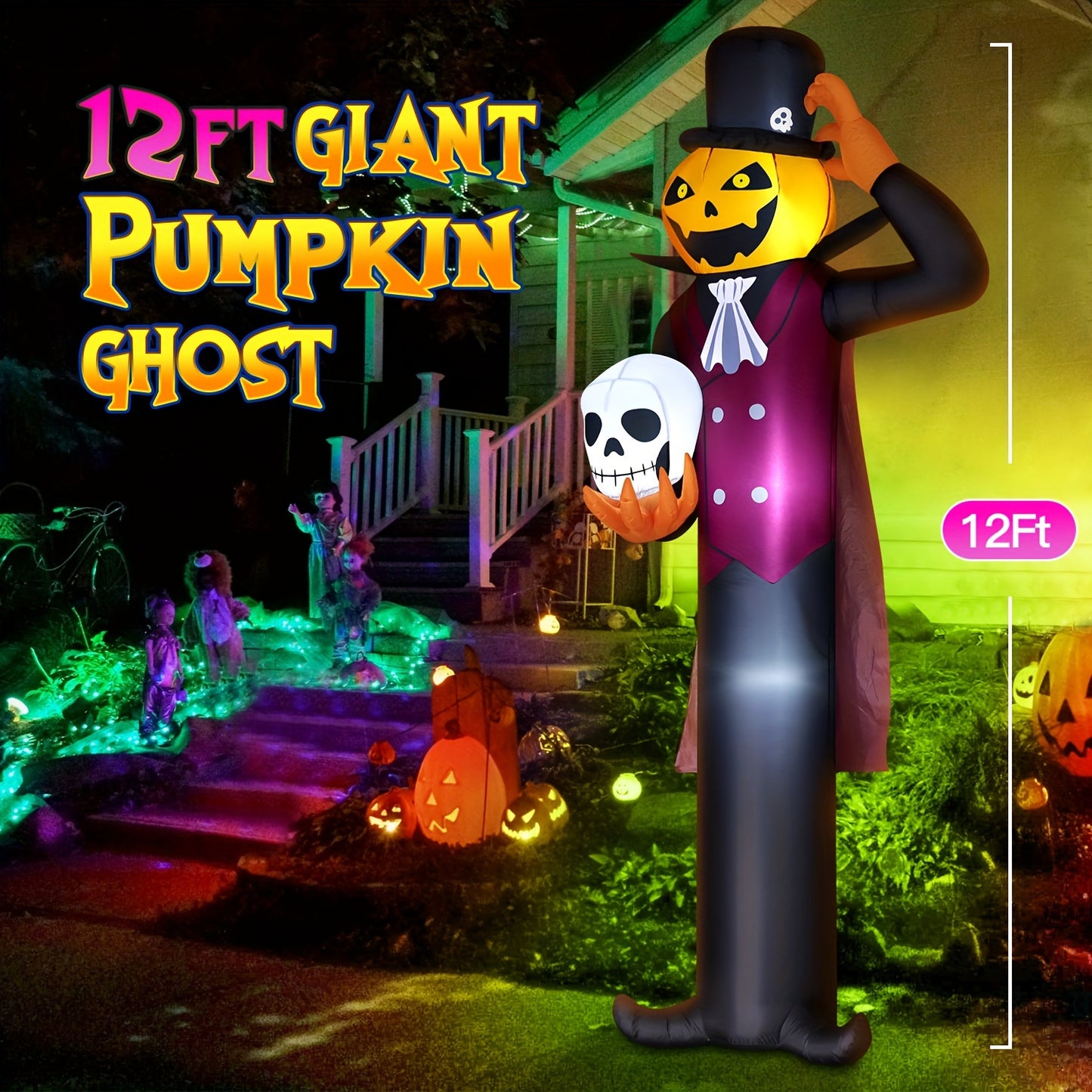 12FT/3.6m Giant Halloween Inflatables Decorations Pumpkin Ghost Holding Skull Built-in LEDs Blow Ups Yard Decoration Outdoor Large Huge Pumpkin Spooky Inflatable For Holiday Party Lawn Garden Indoor