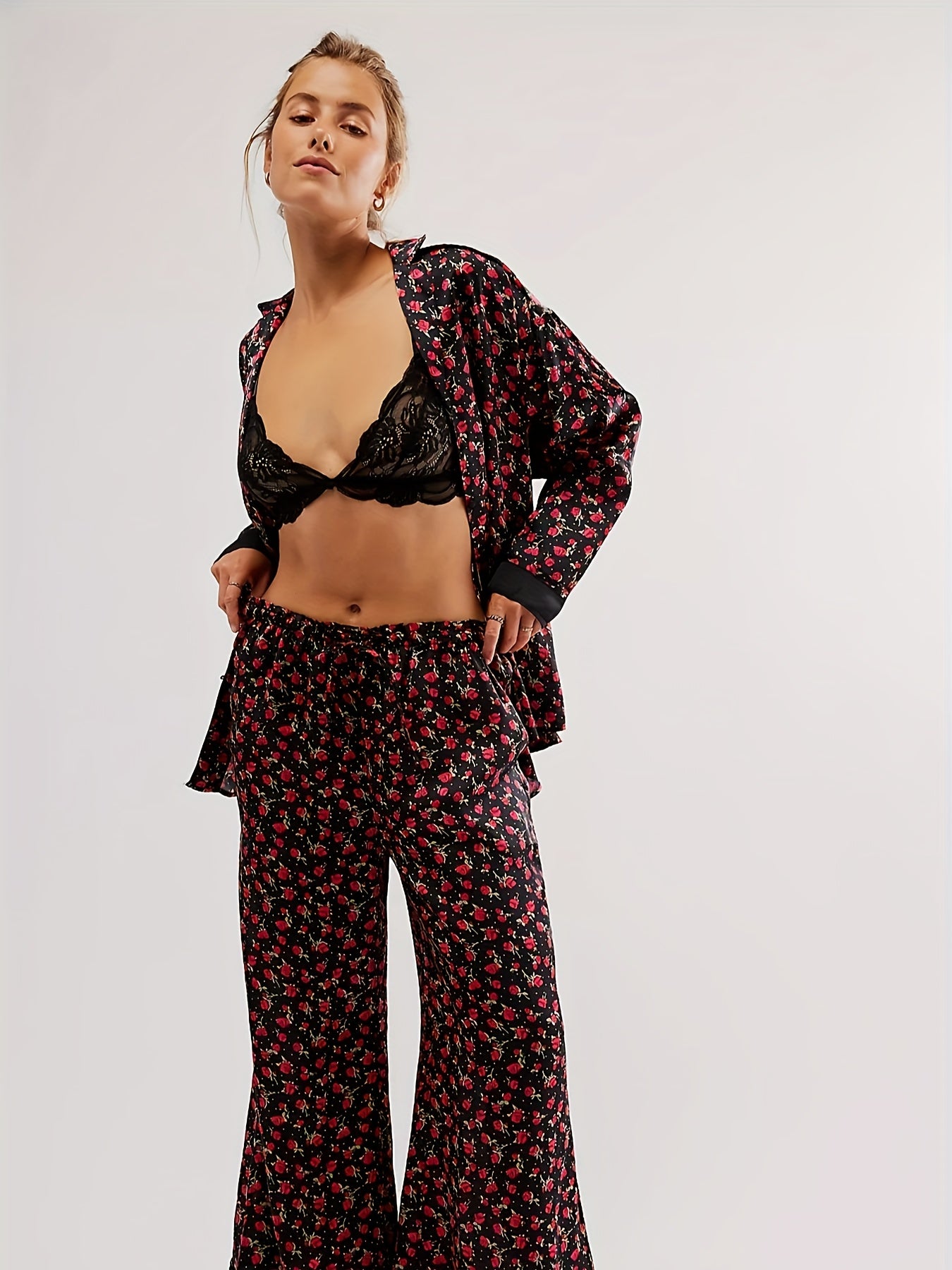 Womens Y2k Silk Pajama Sets Floral Print Long Sleeve Button Down Shirts Wide Leg Pants 2 Piece Lounge Sets