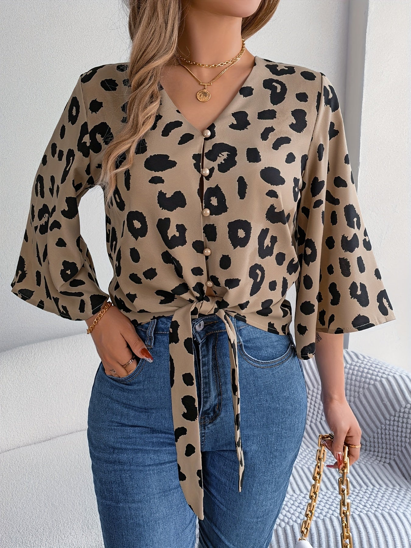 Elegant Flared Sleeve Cardigan Shirt For Women 2024 Spring/summer New Casual Leopard Print Lace Up Chiffon Shirt Top Femme Blusa