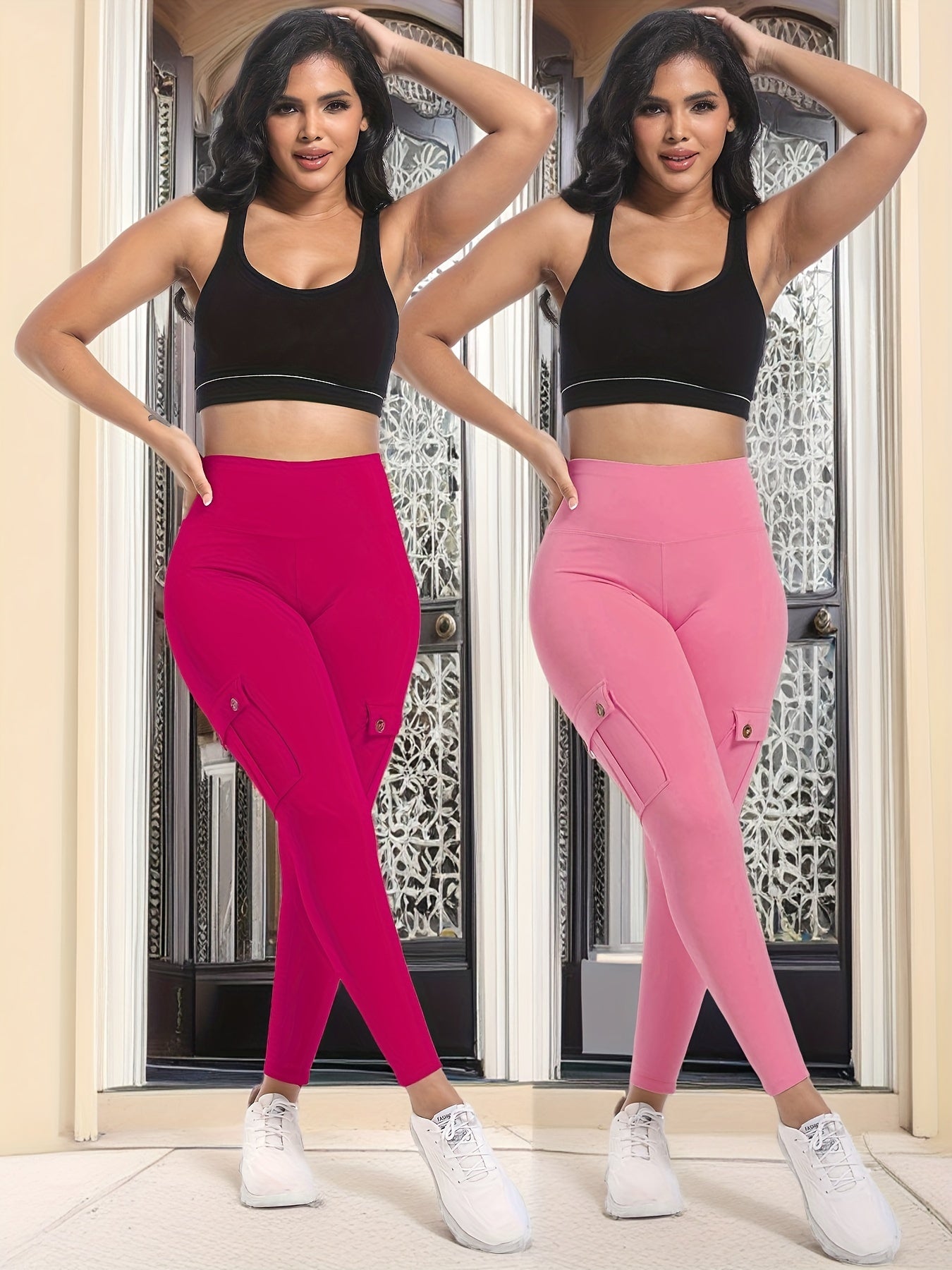 2-Pack High Waist Yoga Leggings With 4 Buttoned Pockets, Tummy Control, Lift Butt, Fitness Pants For Running And Gym