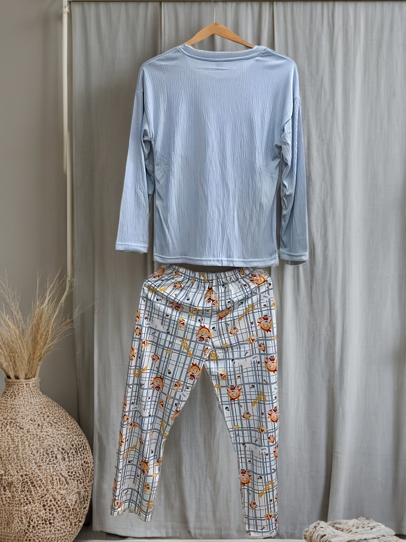 Lady's Long Sleeve, Long Pants, Casual, Cotton, Cartoon Print, No Belt, Spring/Autumn, Adult, Knit Fabric, Round Neck, Nine Inch Pants, Pajama Set