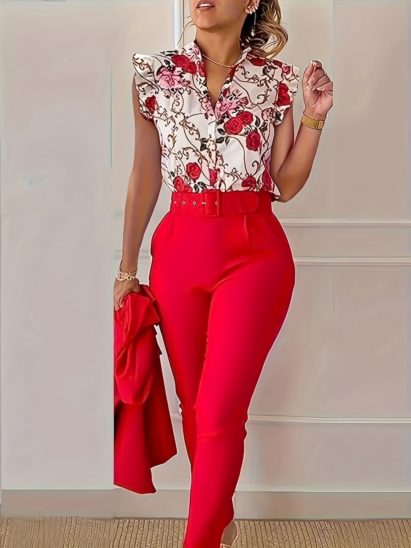 Elegant Floral Print Two-piece Set, Flutter Sleeve Button Front V Neck Blouse & Solid Color High Belt Waist Slim Pants Outfits, Women's Clothing