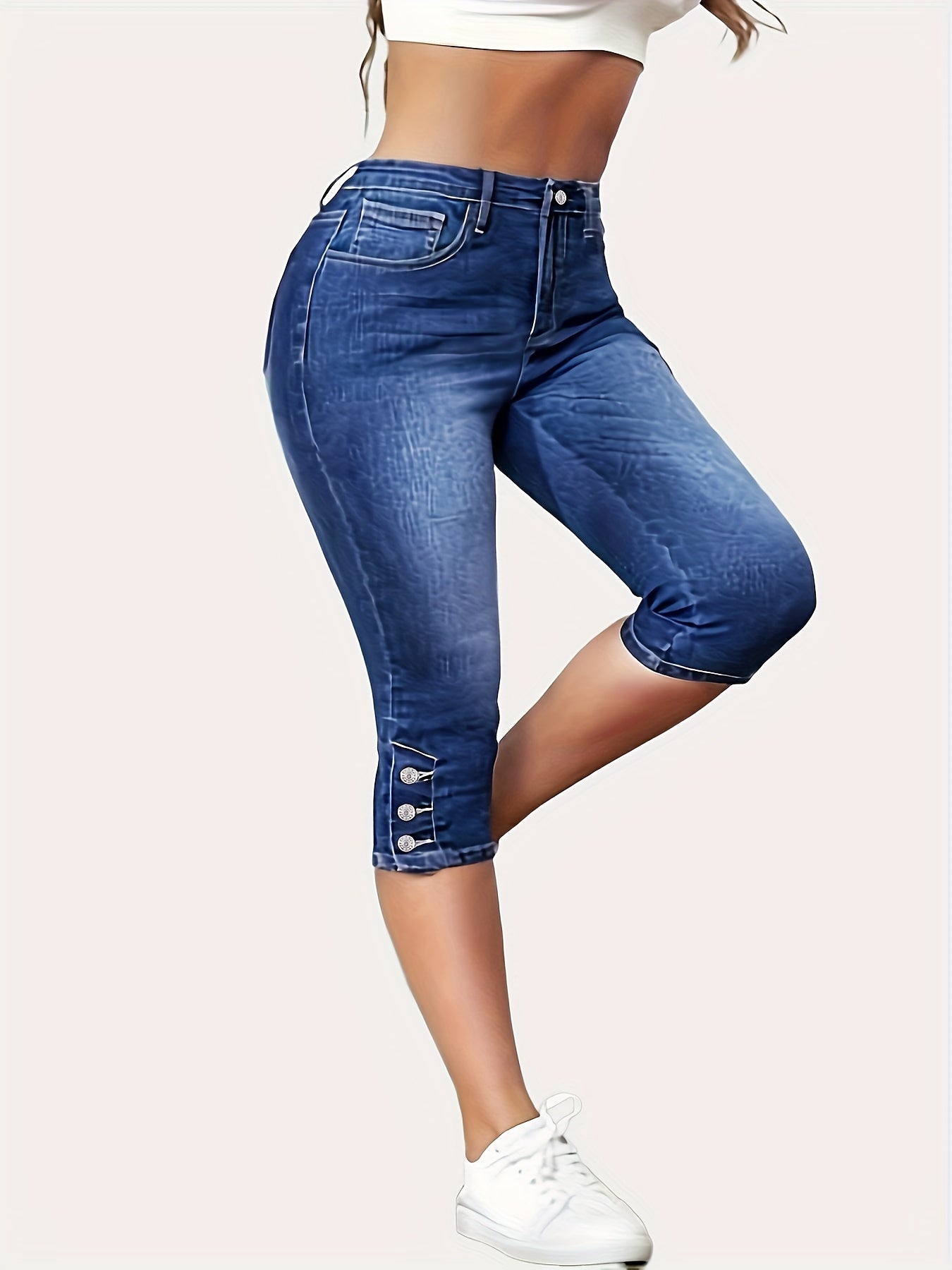 Women's Plus Size Casual Capri Denim Jeans, High Waist Stretch, Wash, Versatile Pants, Spring/Summer Collection