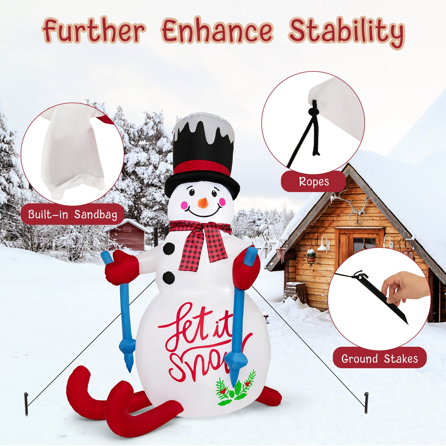 Costway 6FT Christmas Inflatable Skiing Snowman, Christmas Decoration with LED Lights, Hat Scarf, Self Inflating Holiday Decor with Built-in Sandbag, Indoor Outdoor Blow up Decoration for Yard, Party, Lawn