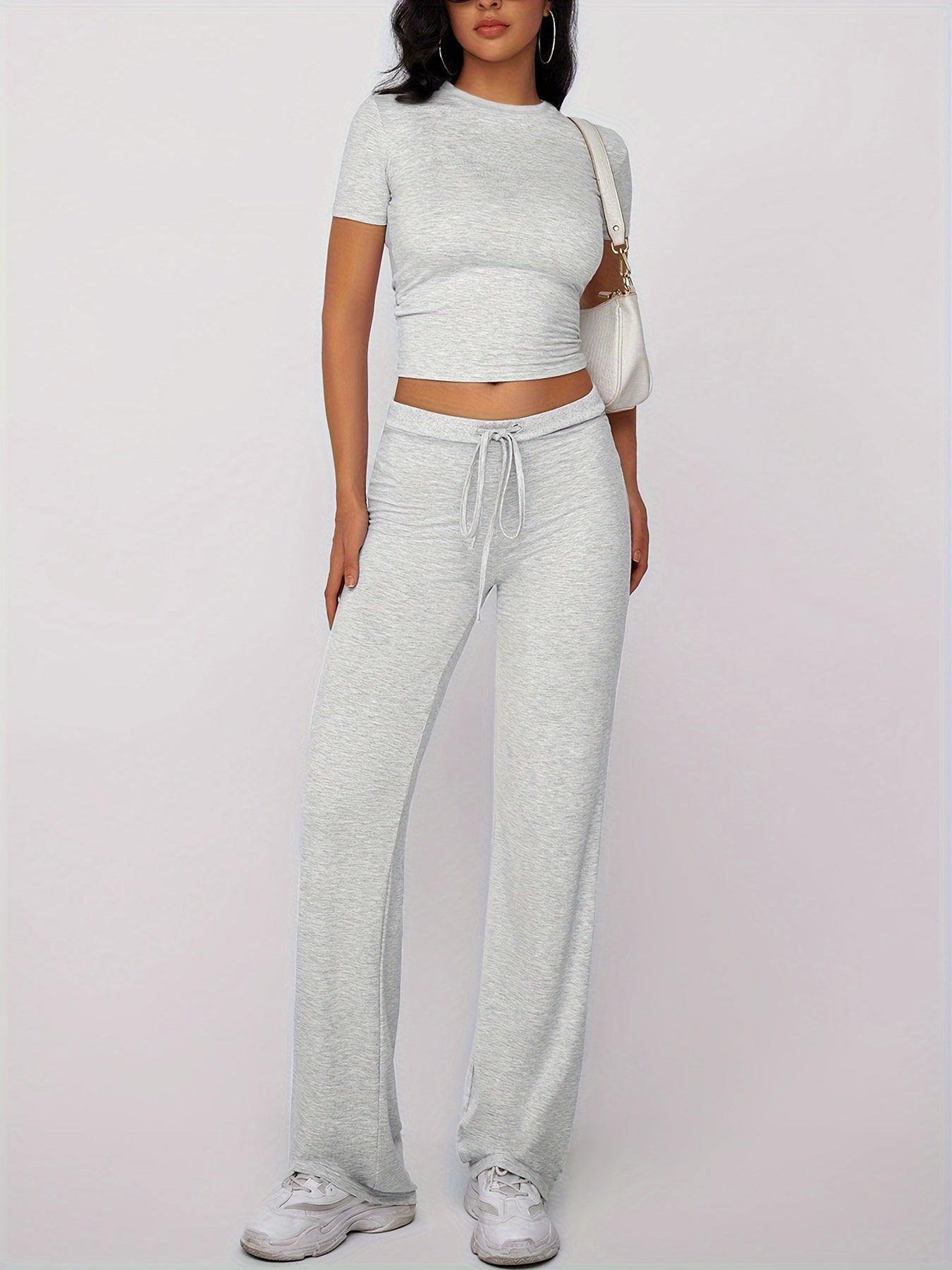 Women's Kardashian-Inspired Modal Ribbed Drawstring Loungewear Set, Casual Round Neck Solid Color, Knit Fabric, All-Season Pajama Outfit