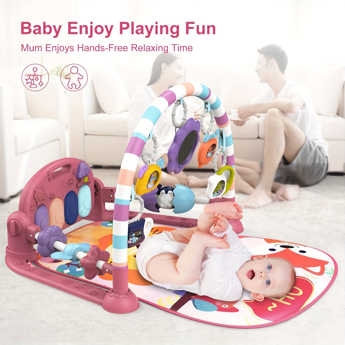 Baby Play Mat Baby Gym, Funny Play Piano Tummy Time Baby Activity Mat With 5 Infant Sensory Baby Toys, Music And Lights Boy & Girl Gifts For Newborn Baby 0 To 3 6 9 12 Months (New Pink)