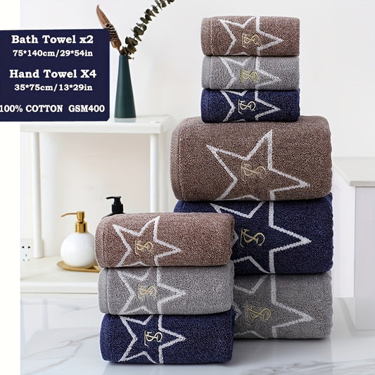 Cotton Bath Towel Set - 4 Hand Towels, 2 Bath Towels, 100% Combed Cotton, Embroidered Star Design, Quick-Dry, Ultra Soft Spa Quality for Bathroom & Outdoor Use