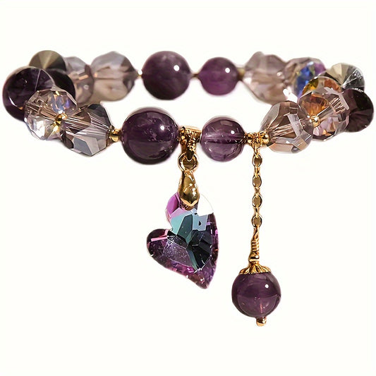 UILZ Natural Amethyst Beaded Sunflower Bracelet for Women AAA+Zircon Pendant Retro Anniversary Fashion Gift Card for Friends