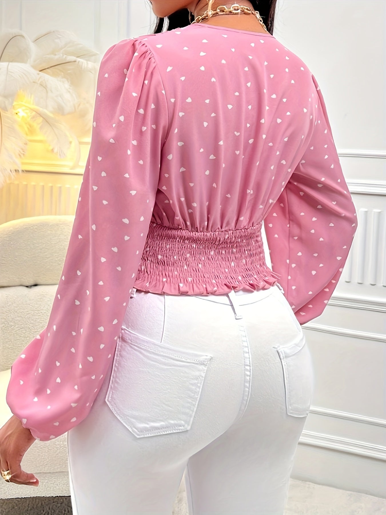 Allover Print V Neck Blouse, Elegant Long Sleeve Shirred Top For Spring & Fall, Women's Clothing