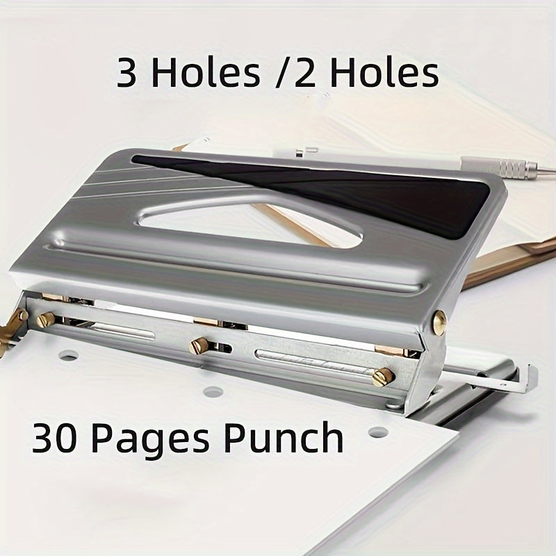 Heavy-Duty Adjustable Paper Punch - 2 or 3 Holes, Manual Metal Binder for Loose-Leaf Paper, Office Essential