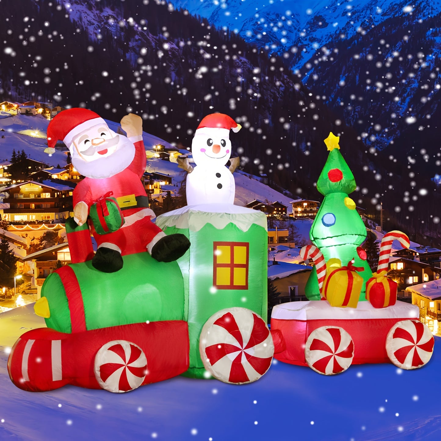 DomKom Chritmas Inflatable Decorations, 6ft Blow Up Santa Snowman And Tree On Train With LEDs Outdoor Décor For Yard Lawn Outside Party Festival Celebration