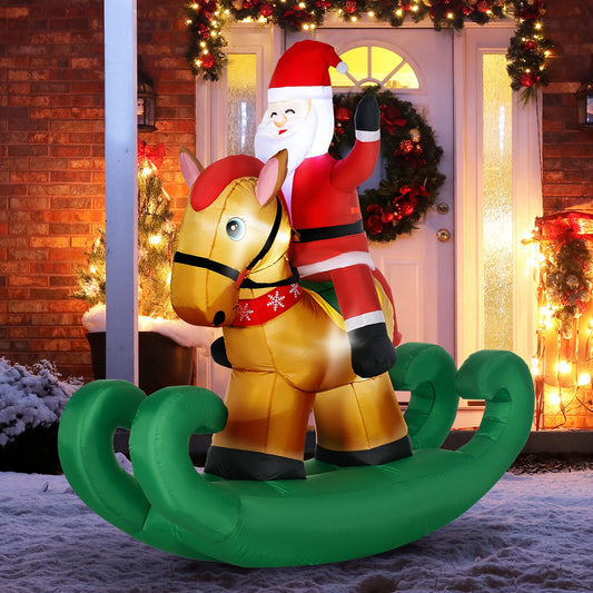 HOMCOM 6ft Christmas Inflatables Outdoor Decorations Santa Claus Riding A Rocking Horse, Blow-Up Yard Christmas Decor With LED Lights Display