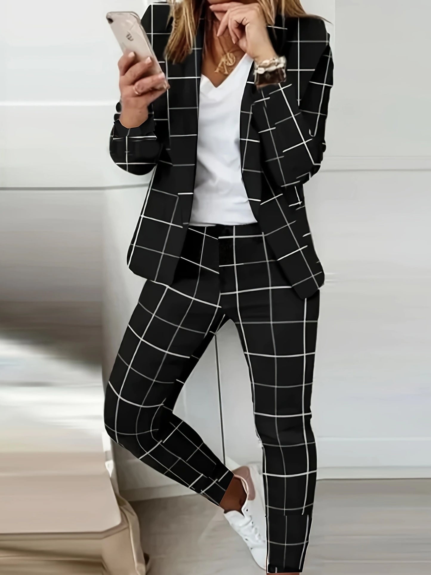 Women's Suits Set Plaid Print Elegant Suit Coat Shawl Collar and Temperament Commuting Drawstring Pant Fashion Work Blazer Sets