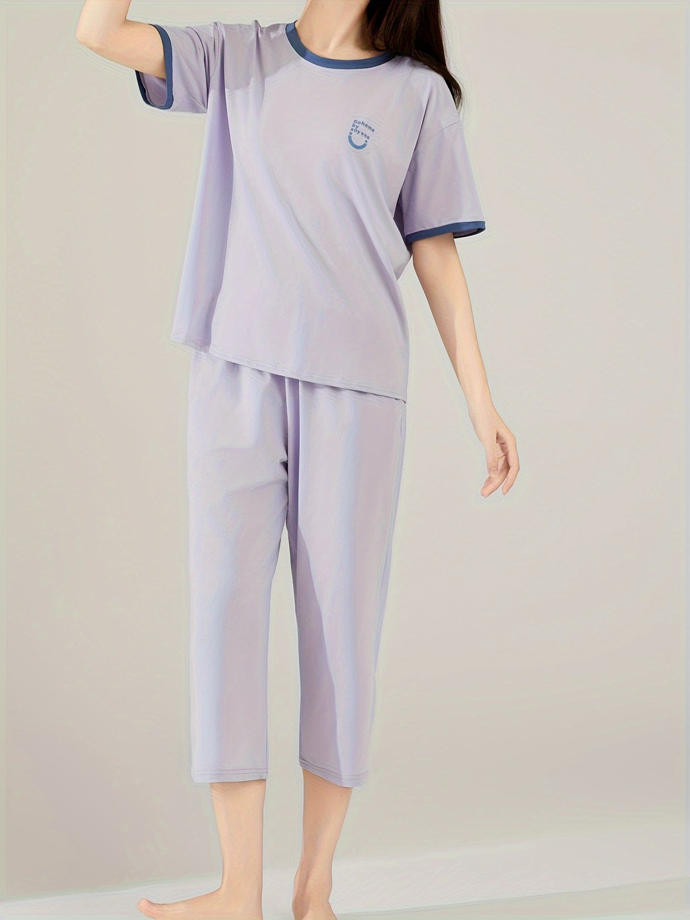 Women's Short Sleeve Binding Top & Capri Pants Pajama Set, Summer Casual Breathable & Comfortable Sleepwear