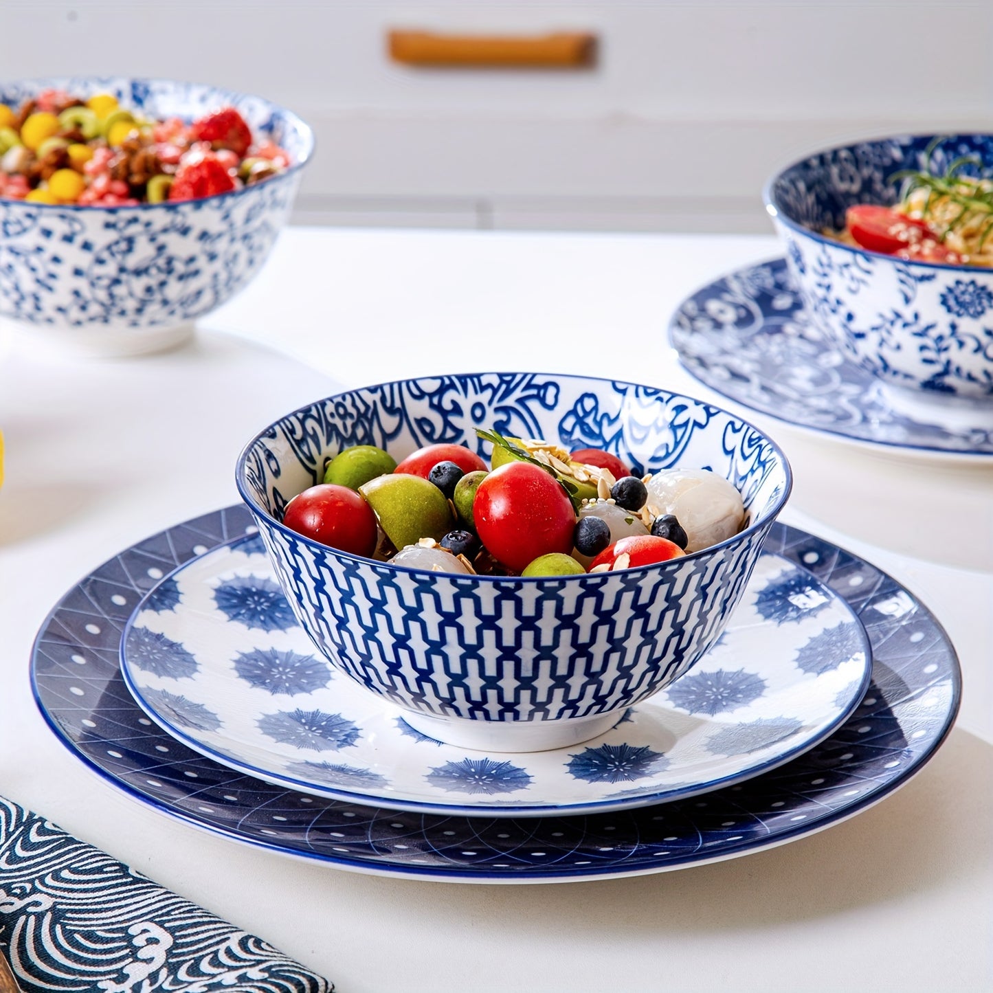 12 Pieces, Cerkik Ceramic Dinnerware Set, Includes 6 Each of 10.5 Inch Dinner Plates, 24 Ounce Cereal Bowls, Scratch Resistant, Microwave Oven Dishwasher Safe, Vintage Blue