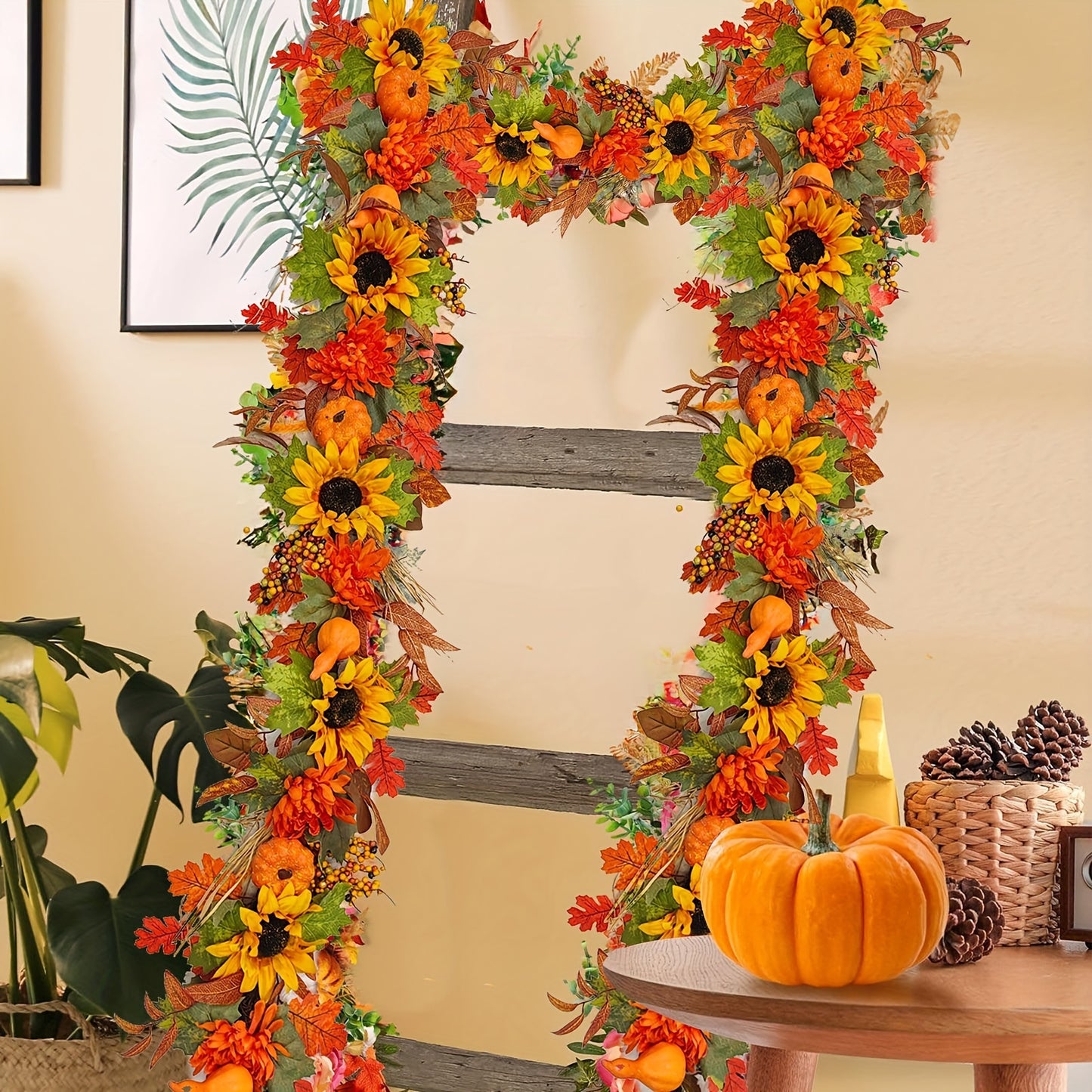 Festive 150cm/59.05inch Autumn Door Hanging: Thanksgiving Pumpkin & Sunflower Garland - No Feathers, Plastic Material, Suitable for Door Installation, Floral Theme, No Electricity Required