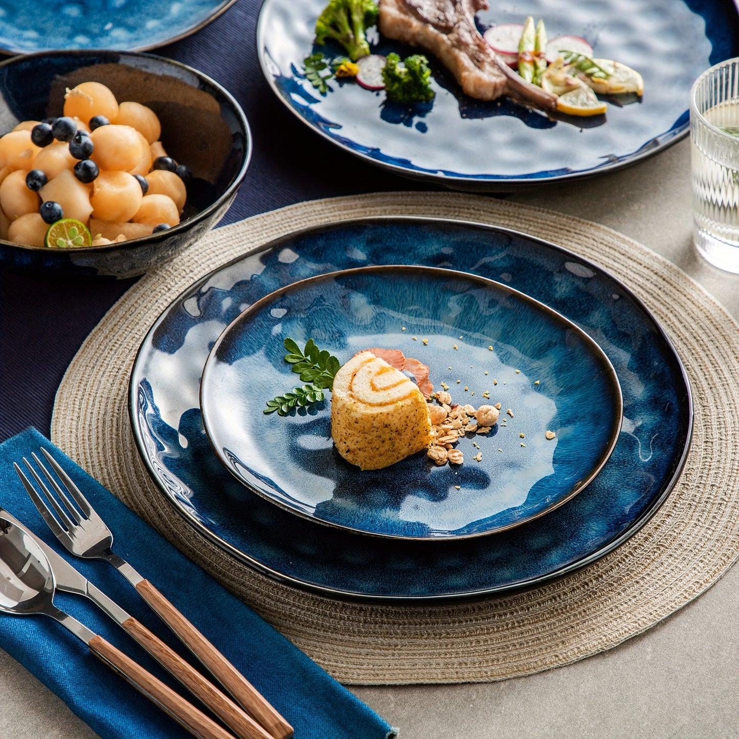 12 Pieces Blue Dinnerware Set, Reactive Change Glaze Dinner Set, Plates And Bowls Set