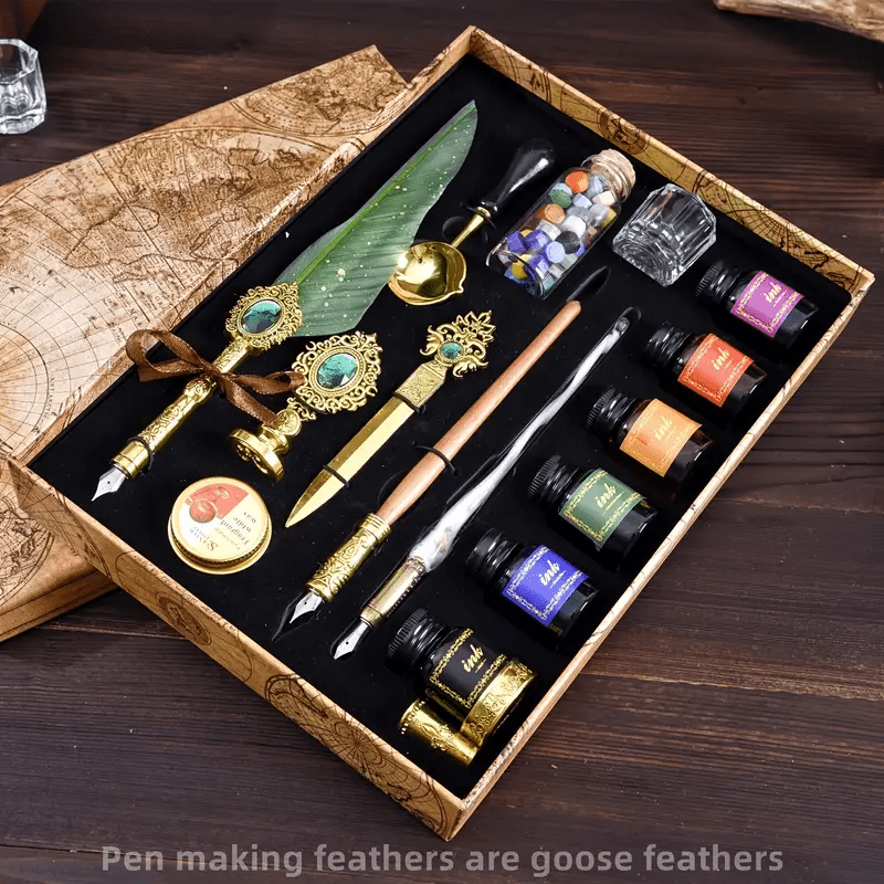 Feather Pen Calligraphy Ink Set - Personalized Gift Box, Medium Point, Metal Body, Round Shape, Mechanical Gear, Steampunk Design, Dip Pen for Writing, Drawing, Signing, Retro Decoration, and Unique Gifts