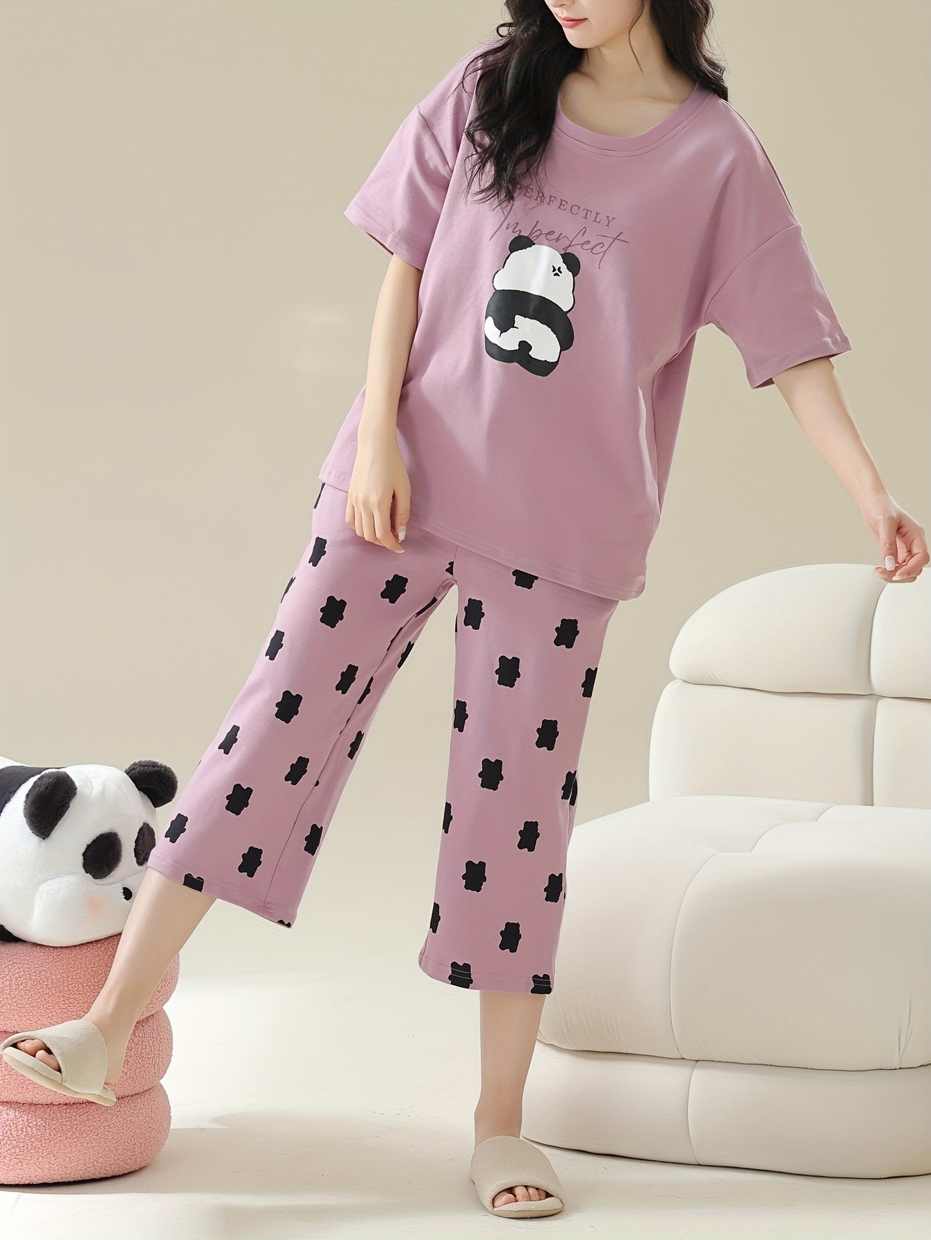 Women's Cute Panda & Polka Dot Print Loose Fit Pajama Set, Drop Shoulder Short Sleeve Round Neck Padded Top & Capri Pants, Comfortable Relaxed Fit