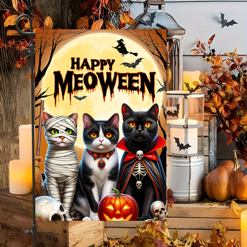 Spooky Halloween Cat Banner with Mummy, Vampire & Witch - Versatile Indoor/Outdoor Decor for Garden & Patio