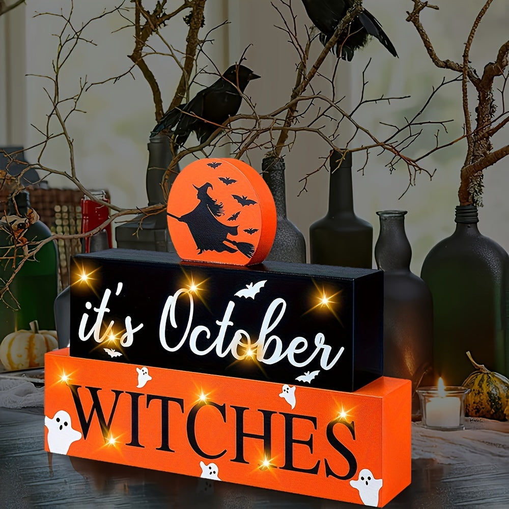 LED-Lit Halloween Wooden Sign - 'It's October Witches' Glowing Centerpiece, Battery-Powered Tabletop Decor for Home